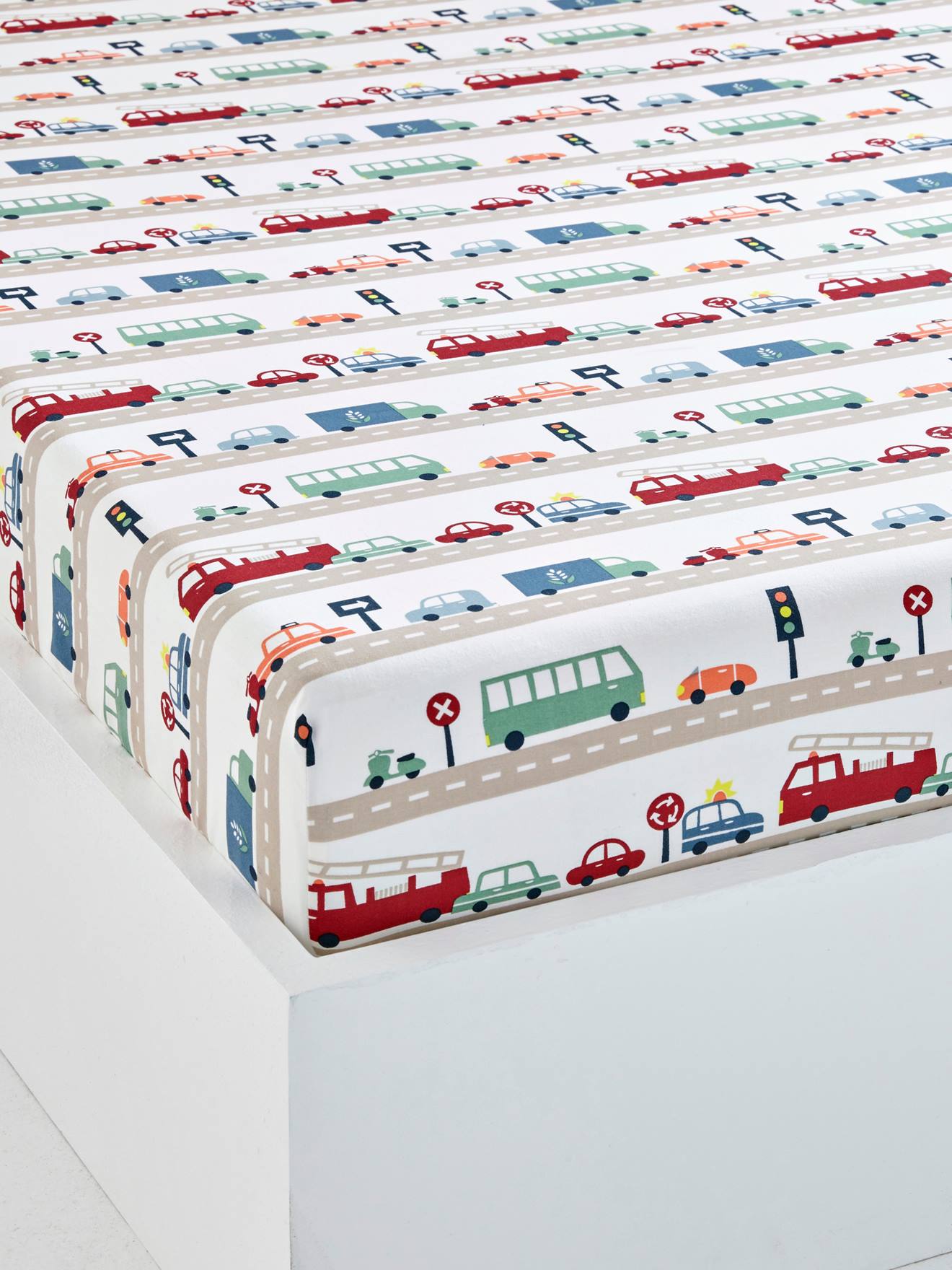 Lençol de elástico infantil estampado bege AUTO-CITY
