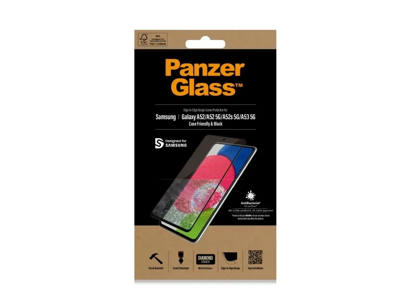 PanzerGlass™ | Case-Friendly - Skærmbeskytter for mobiltelefon - Edge-to-Edge fit - rammefarve sort | Samsung Galaxy A52/A52 5G