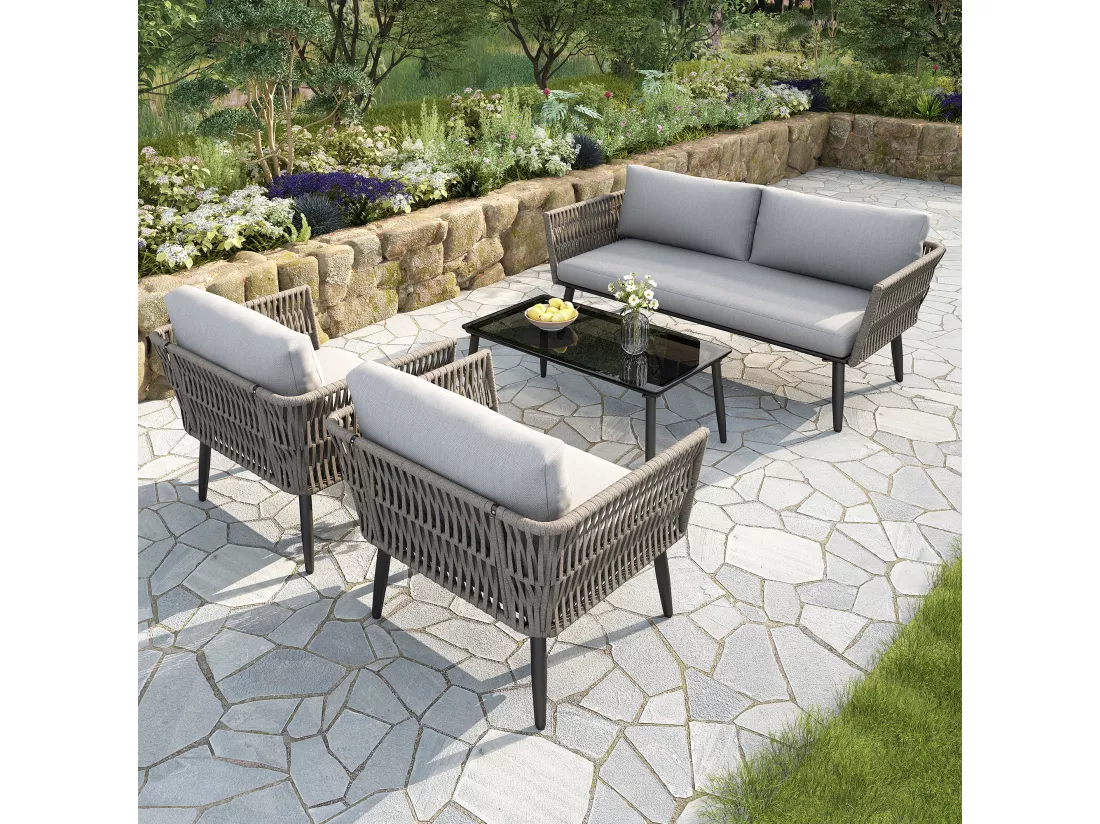 Salon de jardin, ensemble de meubles de jardin, 4 places, canapé, 2 fauteuils et table basse, extérieur, corde PE tressée, acier galvanisé, gris
