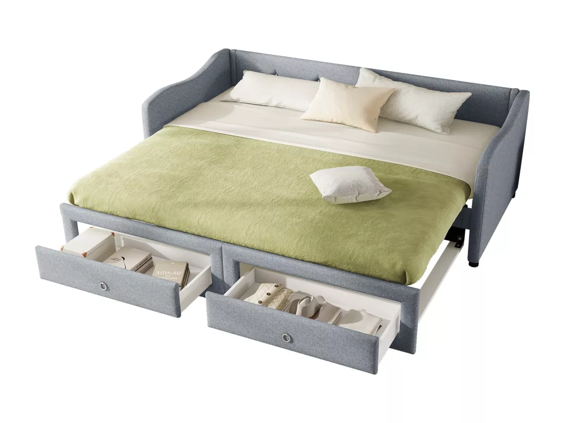 Lit gigogne 90/180 x 200 cm avec 2 tiroirs - tissu en lin - gris (sans matelas)