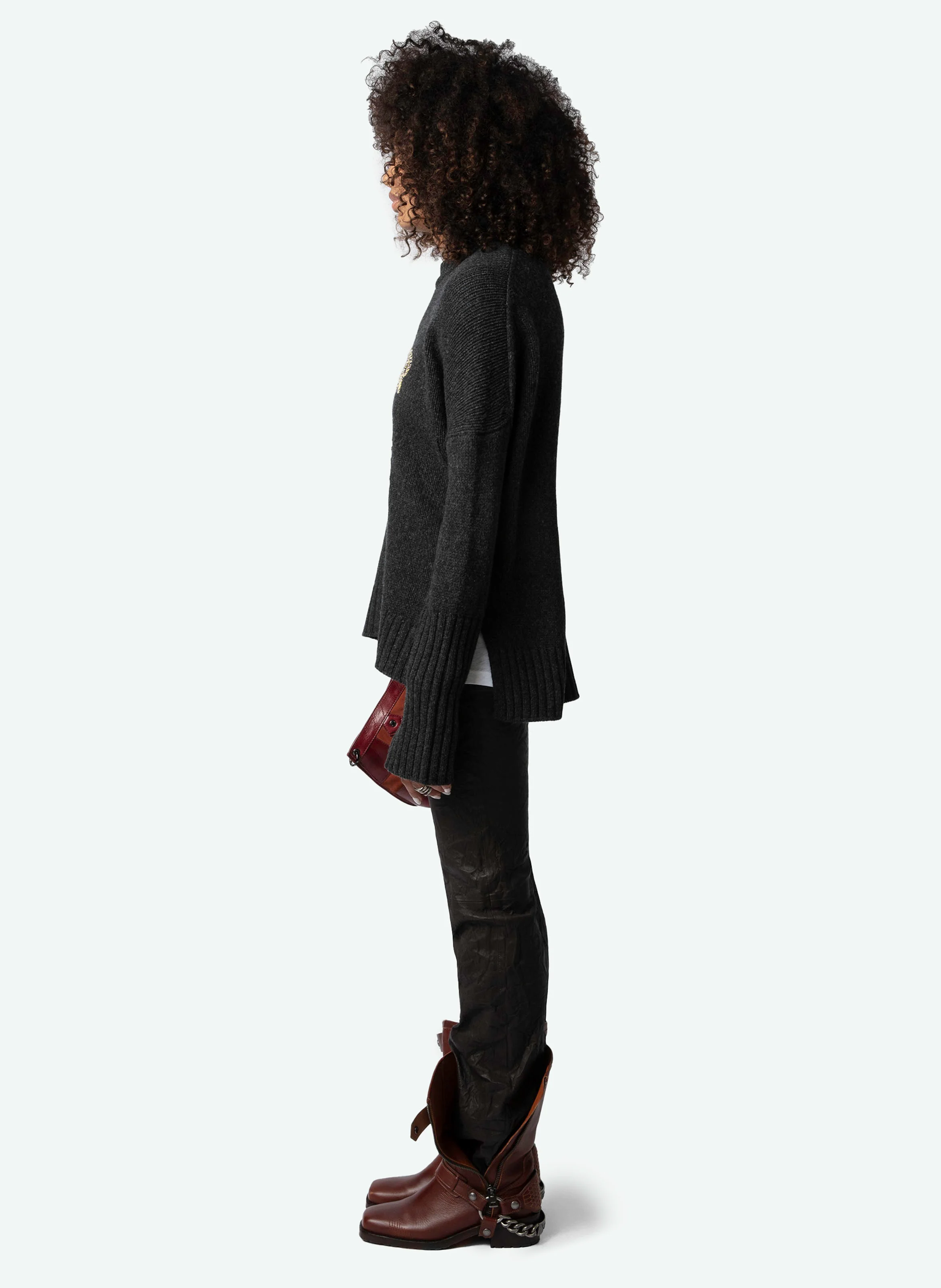 MALTA - Pull ample long brodé en laine| Gris