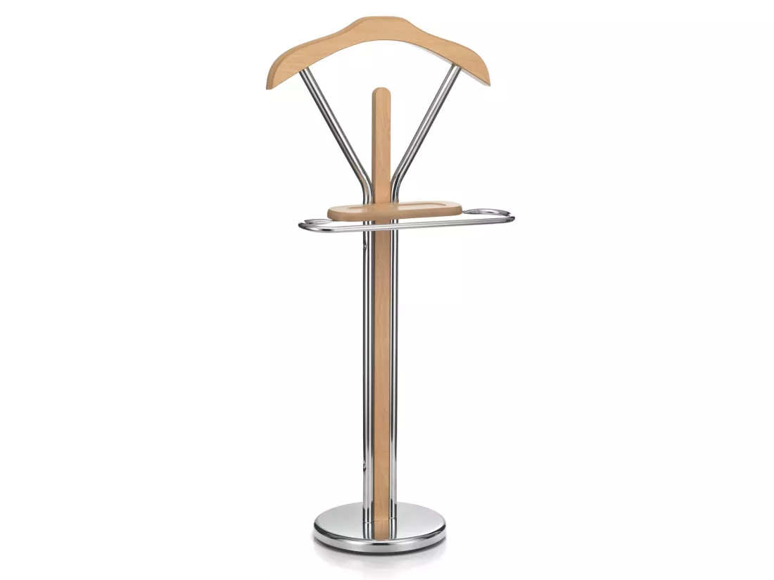 Valet de chambre GREGOR chevalet de nuit portant pour vêtements, structure en métal chromé et finition en MDF couleur hêtre