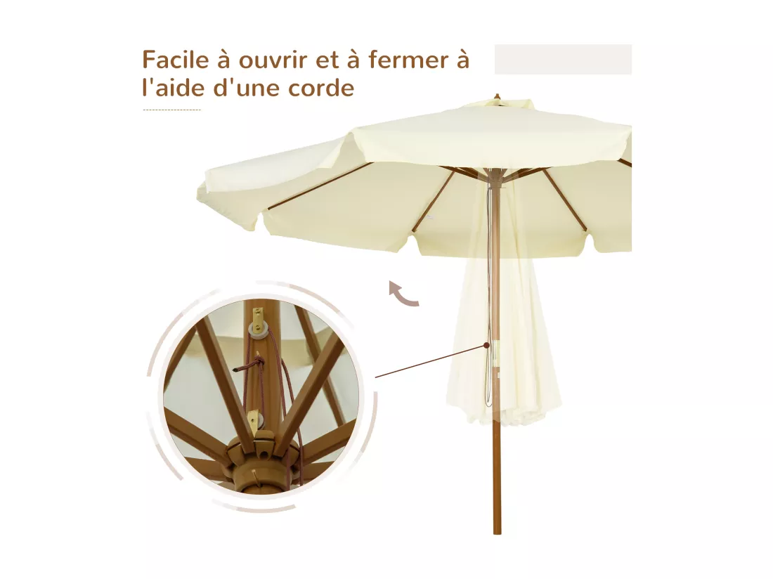Parasol droit rond grande taille de jardin Ø 3,25 x 2,5H m bois de bambou polyester beige