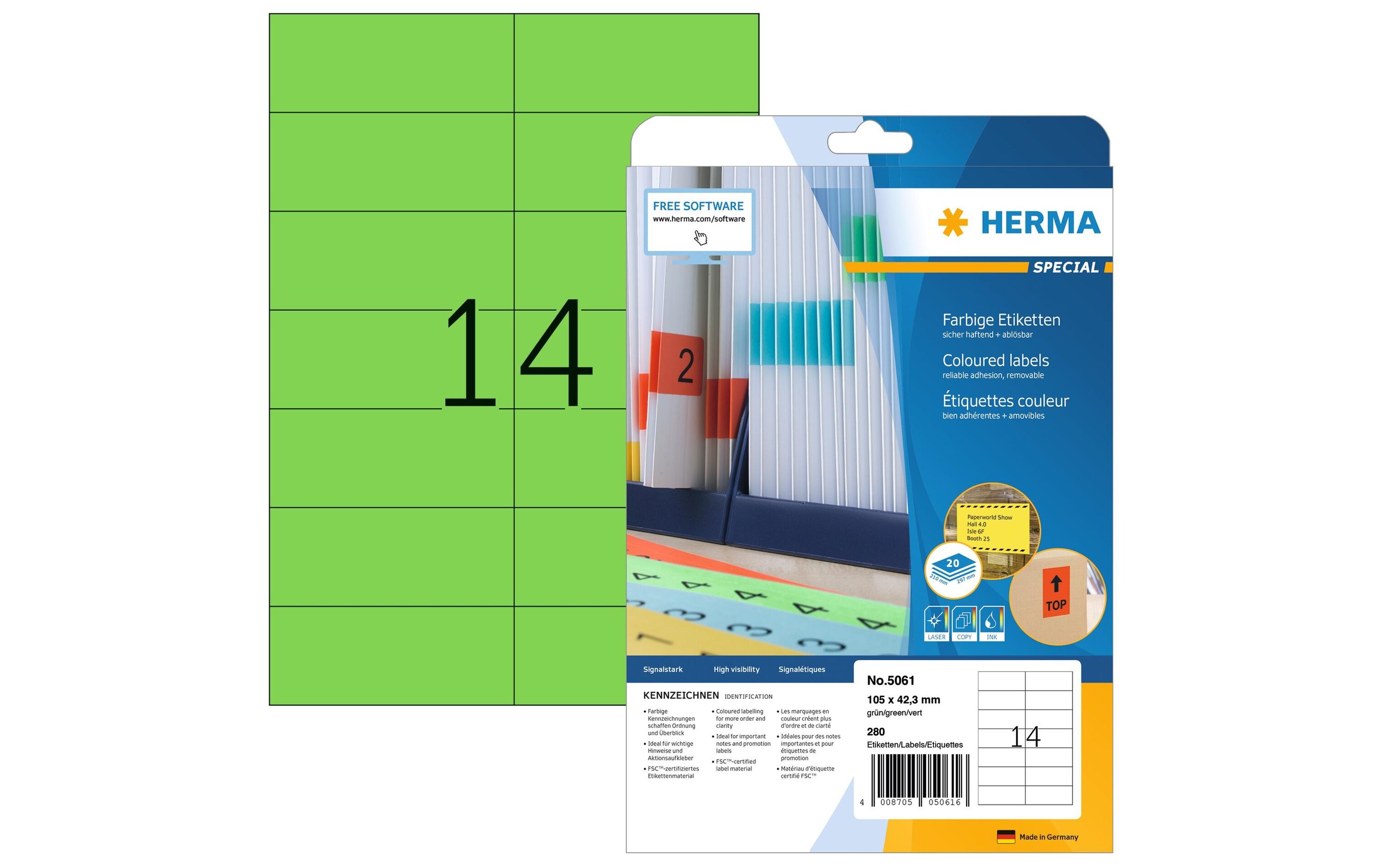 Universal-Etiketten 10.5 x 4.23 cm, 280 Etiketten, GrünAblösbare Etiketten auf A4 Blättern