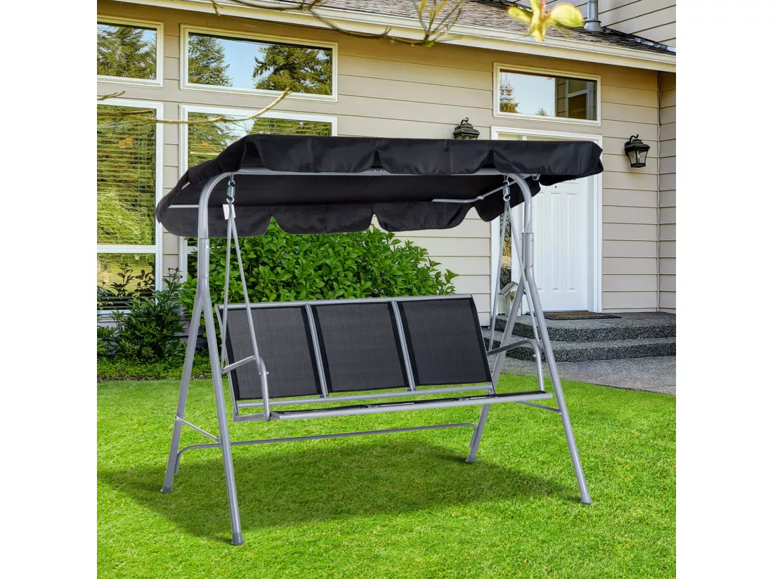 Balancelle de jardin 3 places grand confort toit imperméabilisé inclinaison réglable assise et dossier ergonomique acier textilène noir