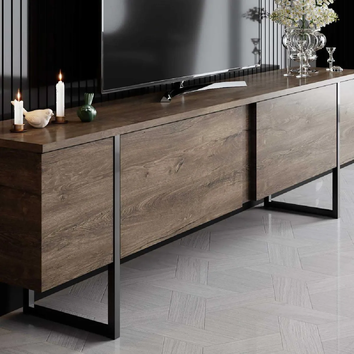 Hanah Home Meuble TV Luxe noyer + noir