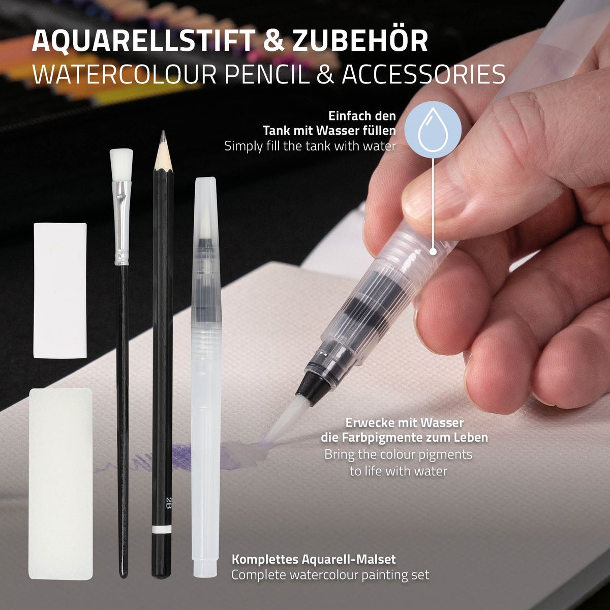 ECD Germany Waterverfset, 48 kleuren in een draagbare doos, inclusief penselen, 2B-potlood, aquarelpotlood, gum, spons, volledig aquarelpalet, verfdoos, aquarelset voor beginners en professionals