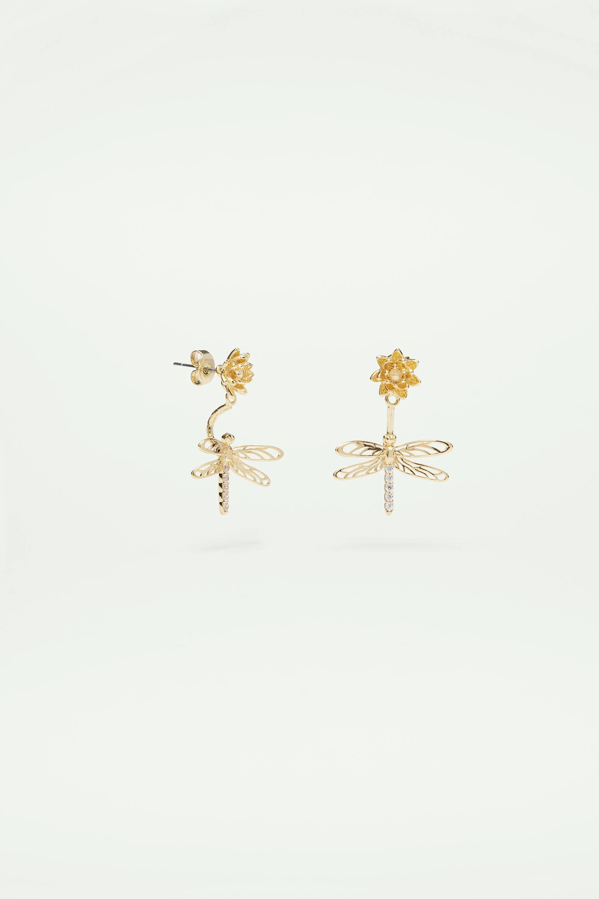 Boucles d'oreilles tiges pendantes libellule, fleur et cristaux | Jaune