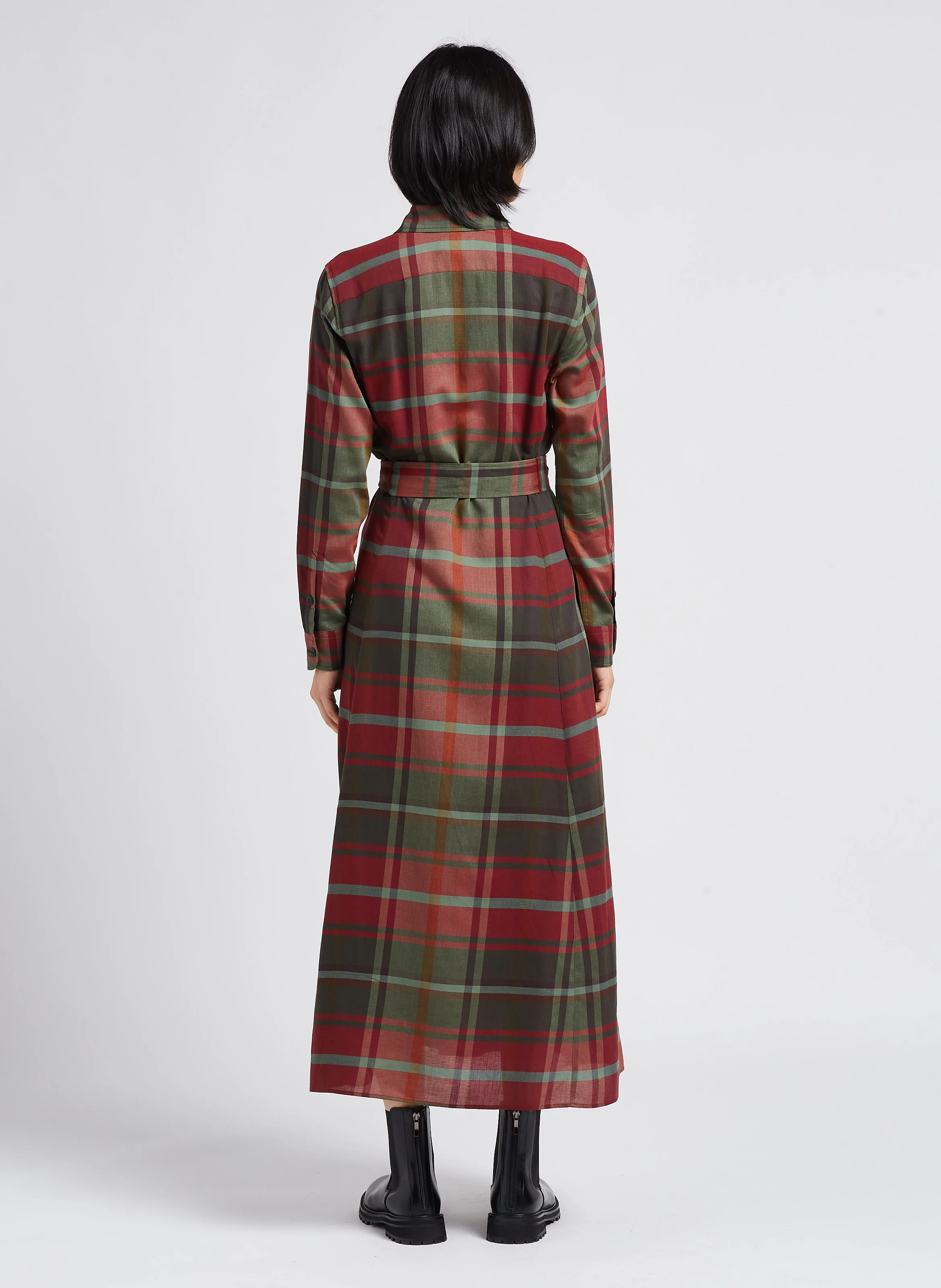 Robe longue col classique à carreaux en coton mélangé| Kaki
