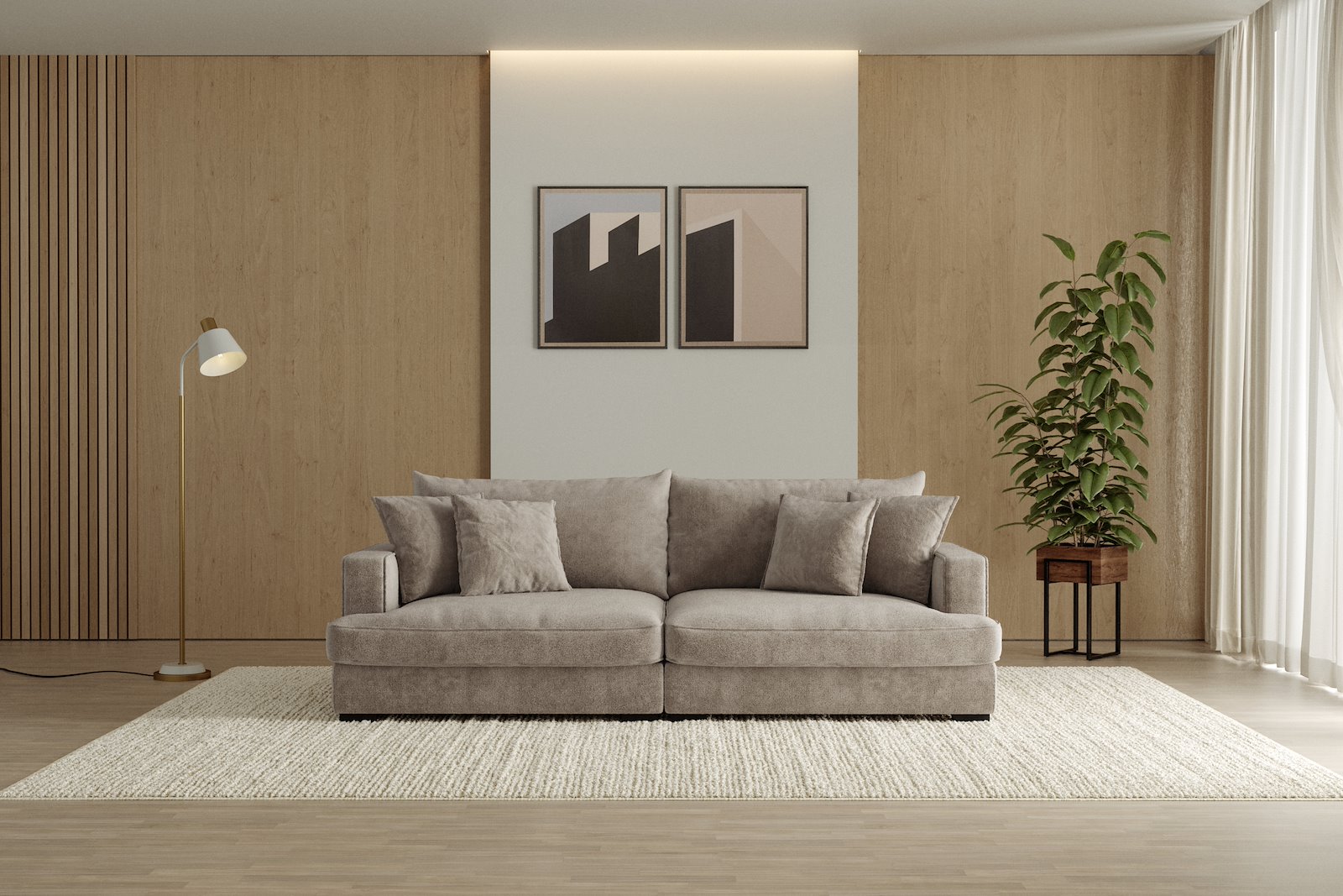 Rossi Lux 3-seter sofa Tekstil Genesis 4 Beige, arm A med sorte ben. Lux Komfort.
