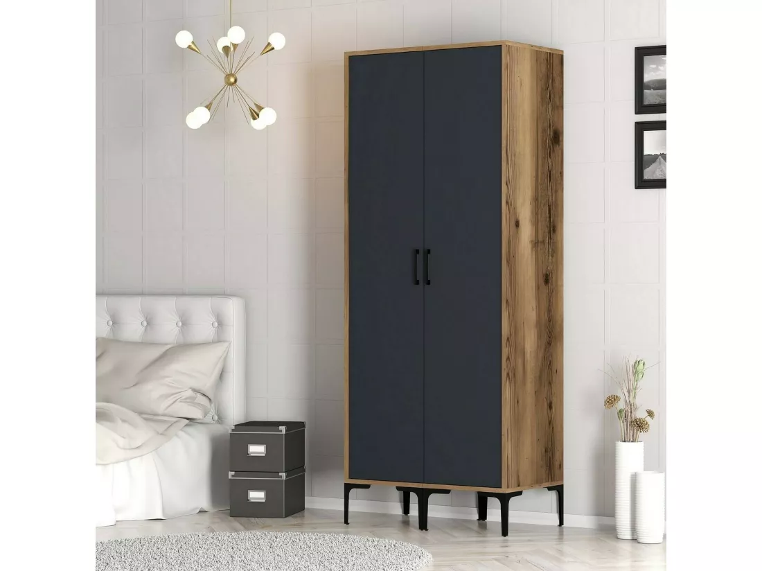 Garde-robe 2 portes Dbonanse, Meubles de chambre, Penderie de plain-pied, Placard à vêtements, 80x201h48 cm, Noyer et Anthracite