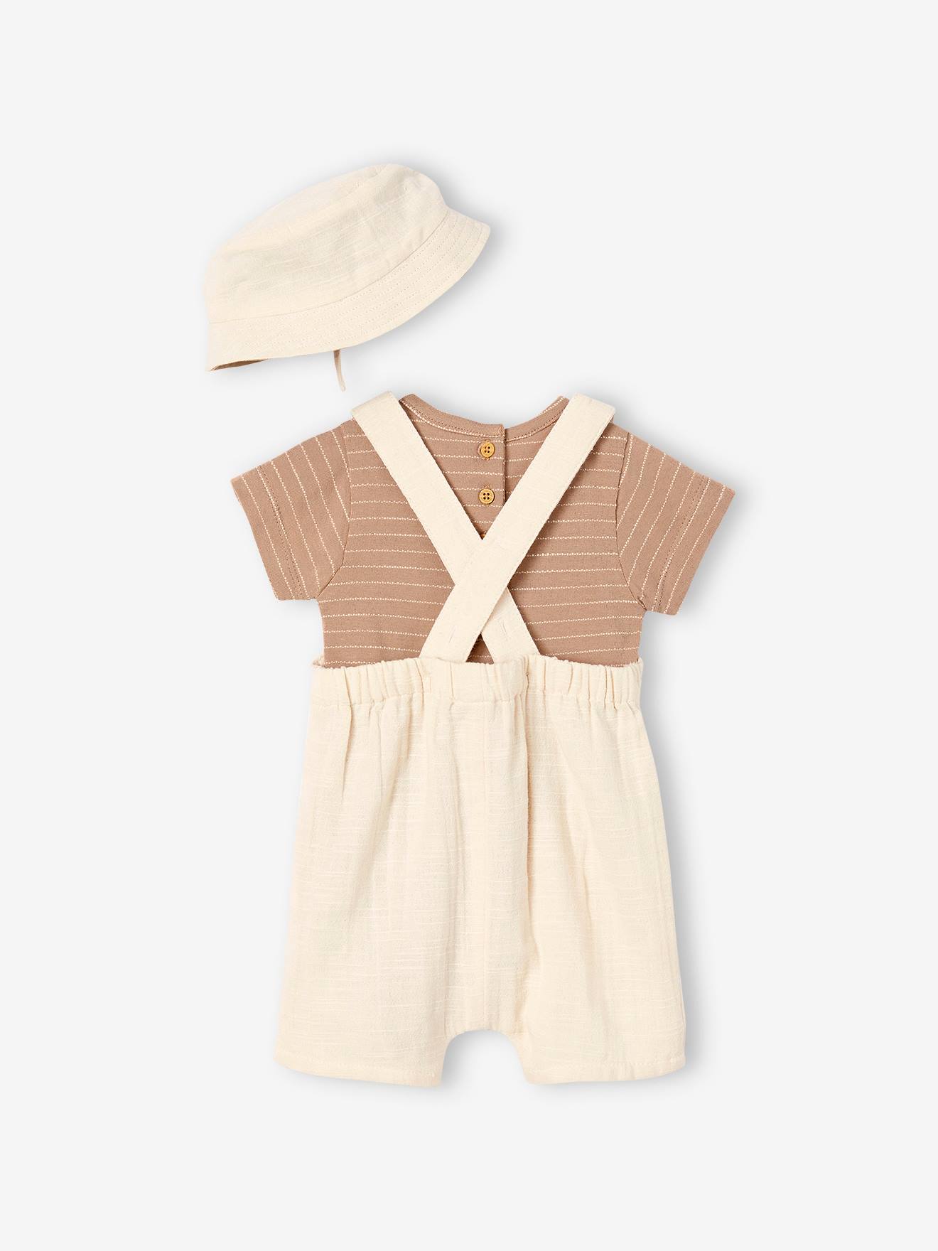 Roupa de bebê: body, jardineira e chapéu branco-creme