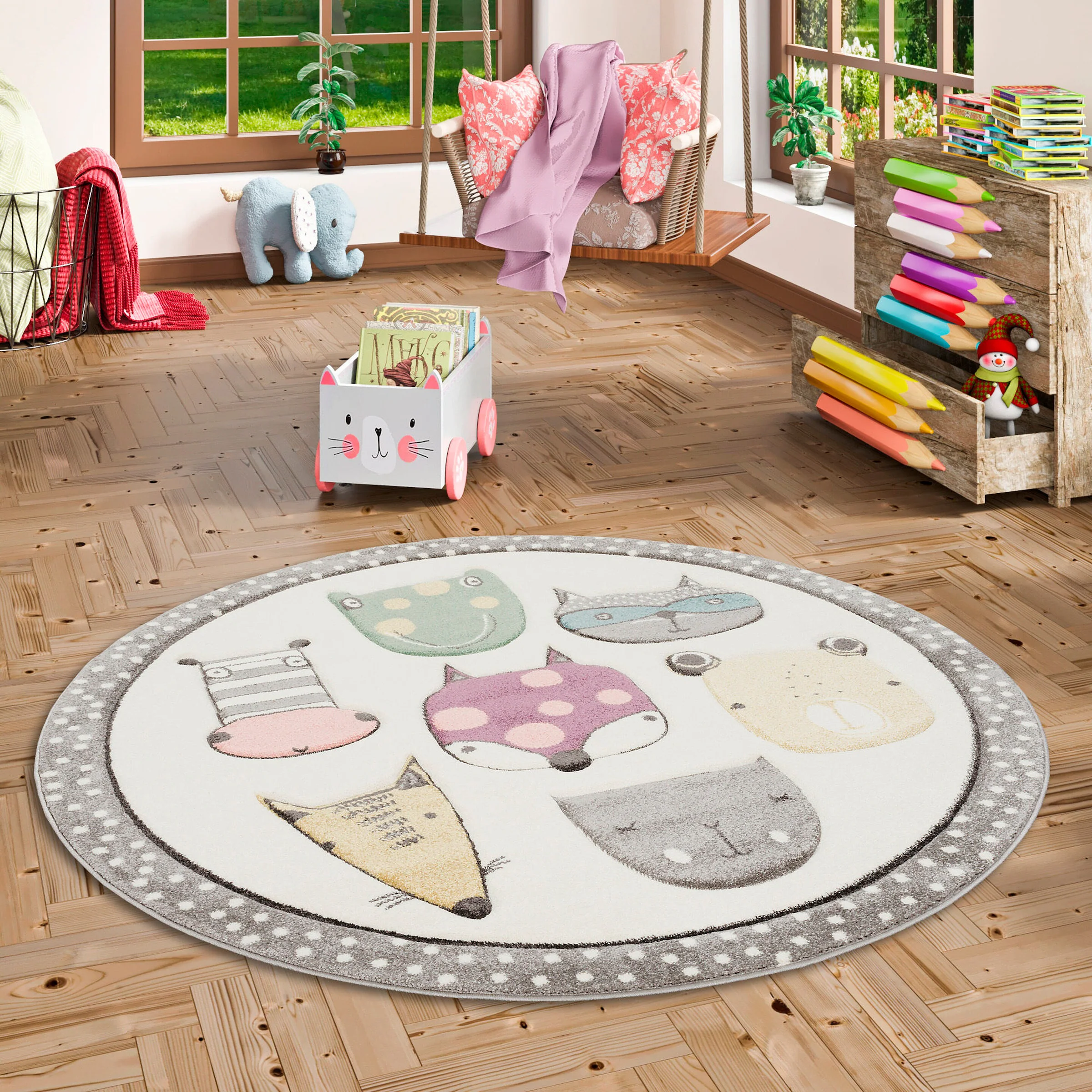 Pergamon Kinder Teppich Maui Kids Happy Animals Bunt Rund Bunt - 120x120 cm