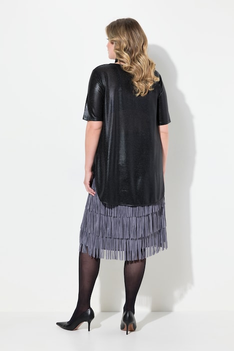 T-Shirt mit Brosche, A-Linie, Glanz-Jersey, Blütenbrosche