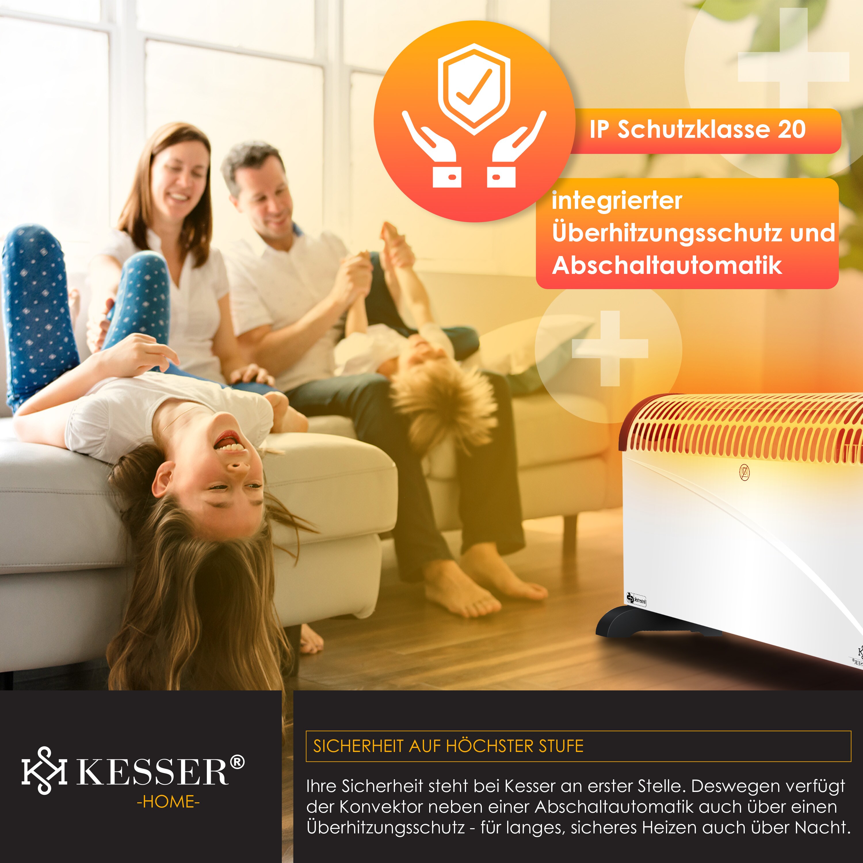 KESSER Konvektor 2000 Watt Heizgerät , 24h Timer | stufenlose Thermosteuerung | Turbo Heizung | 3 Stufen | Tragemulden