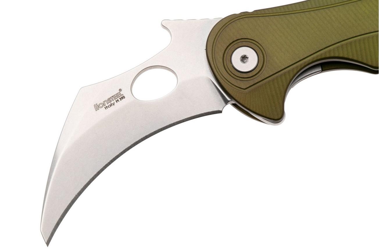 LionSteel L.E.One Mid LE2-GS, Stonewashed M390, Green Aluminum, karambit zakmes