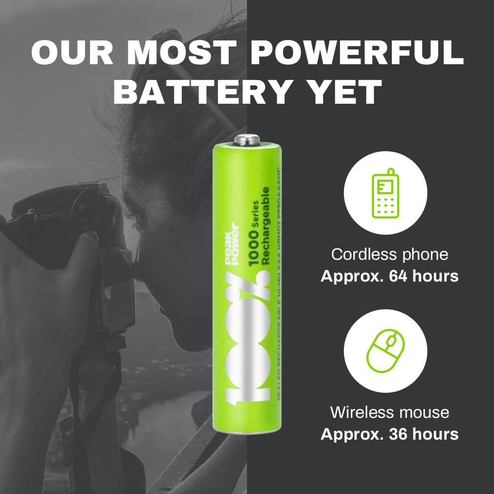 100%PeakPower set van 12 AAA Oplaadbare batterijen