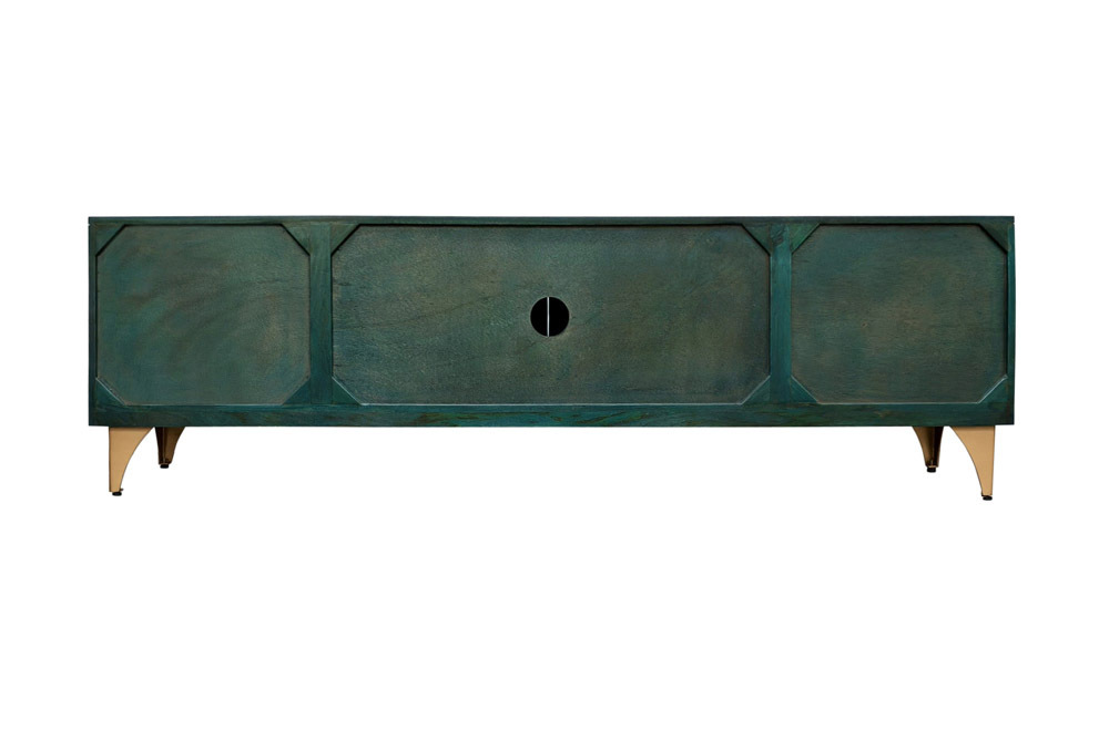 Massives TV-Lowboard GOLDEN SUNSET 180cm türkis 3D-Schnitzereien gold Mangoholz Metall