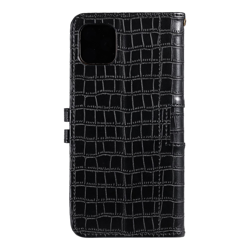 iPhone 12 / iPhone 12 Pro Leder Tasche im Kroko Look mit Kartenfach   Magnetverschluss - Schwarz
