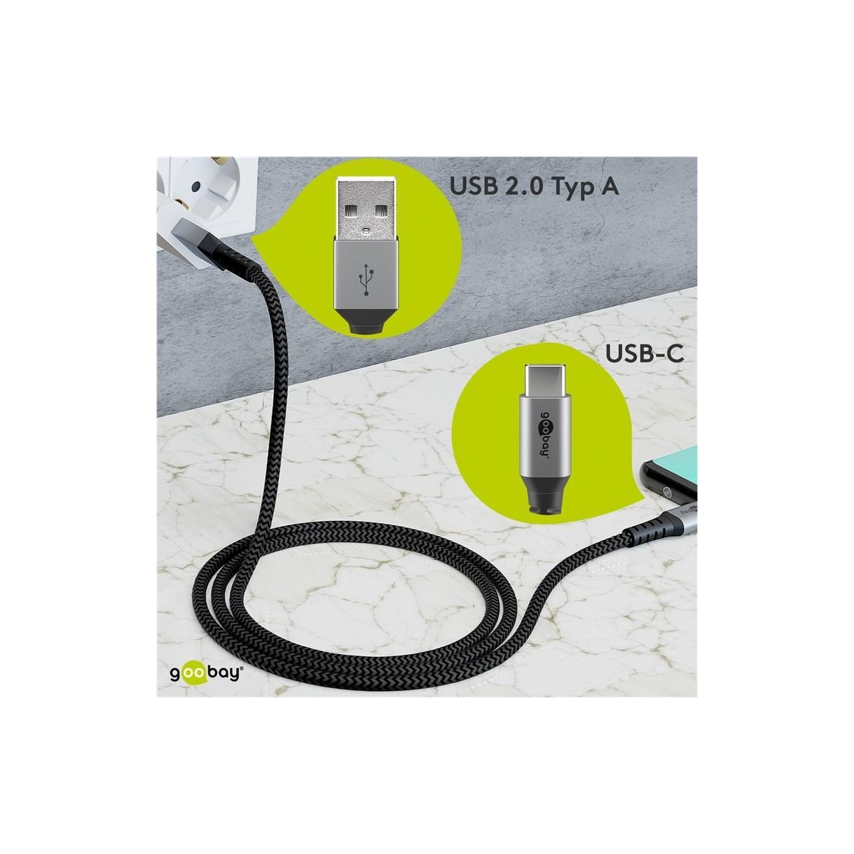 USB-C™ till USB-A textilkabel med metallkontakter 0,5 m