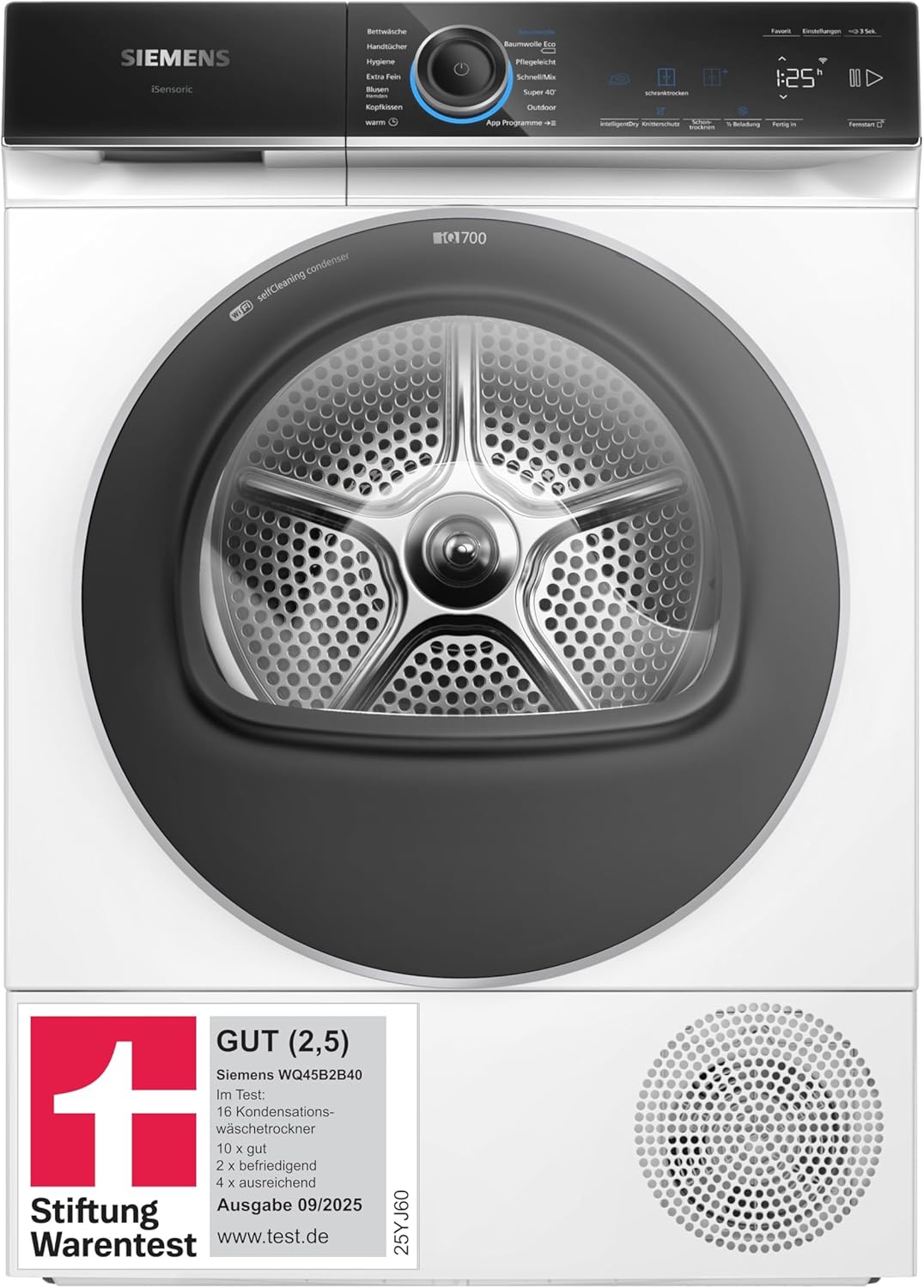 Siemens WQ45B2B40, Stiftung Warentest GUT (2,5)*, iQ700 Smarter Wärmepumpen-Trockner 9kg, autoDry optimale Trocknung, selbstreinigender Kondensator, Touch LED-Display, intelligentDry, Outdoor-Programm