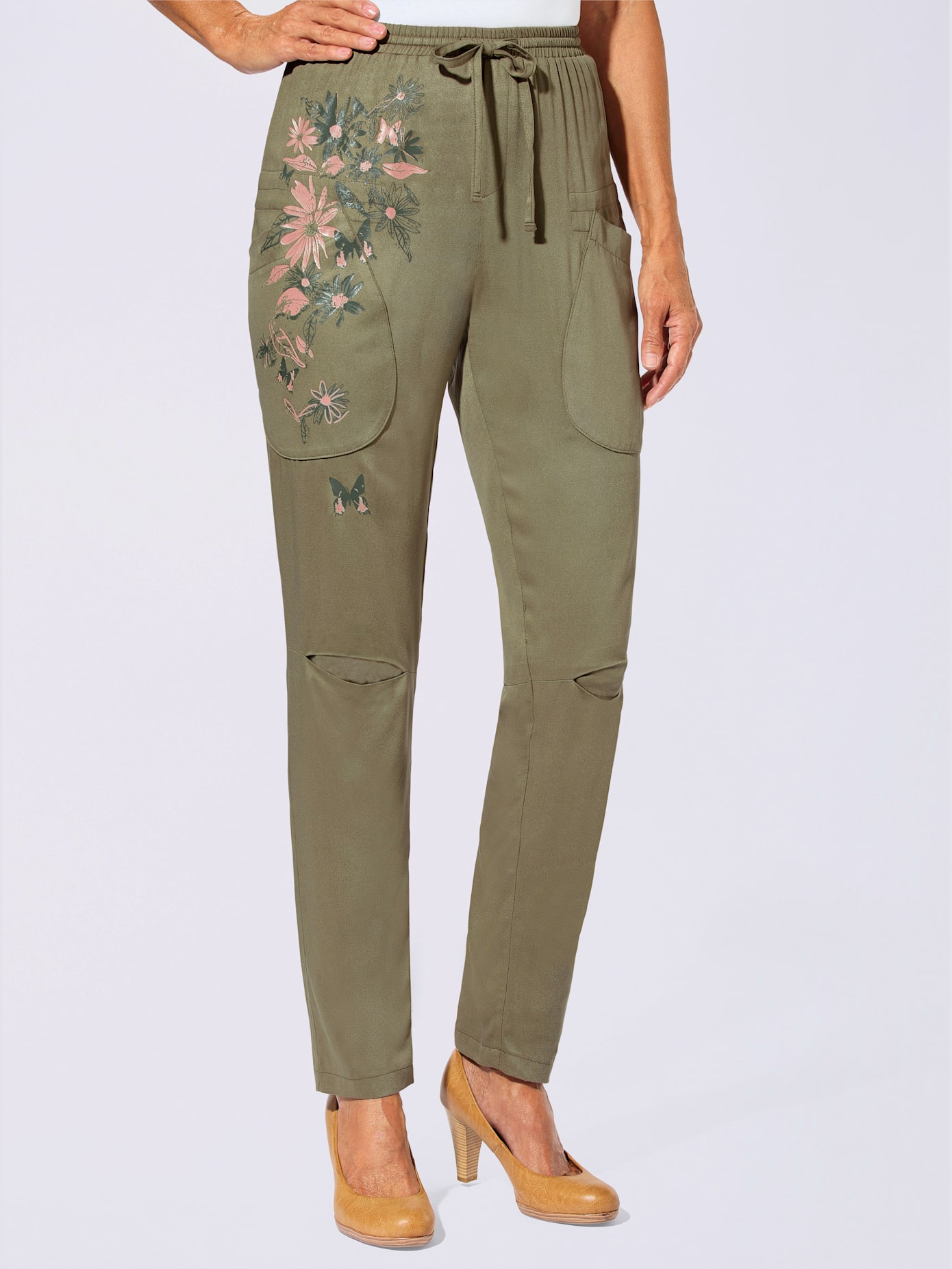 Pantalon décontractée imprimé fleurs et papillons