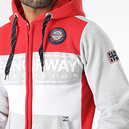 Sweat Zippé Capuche Blanc Gris Chiné Rouge