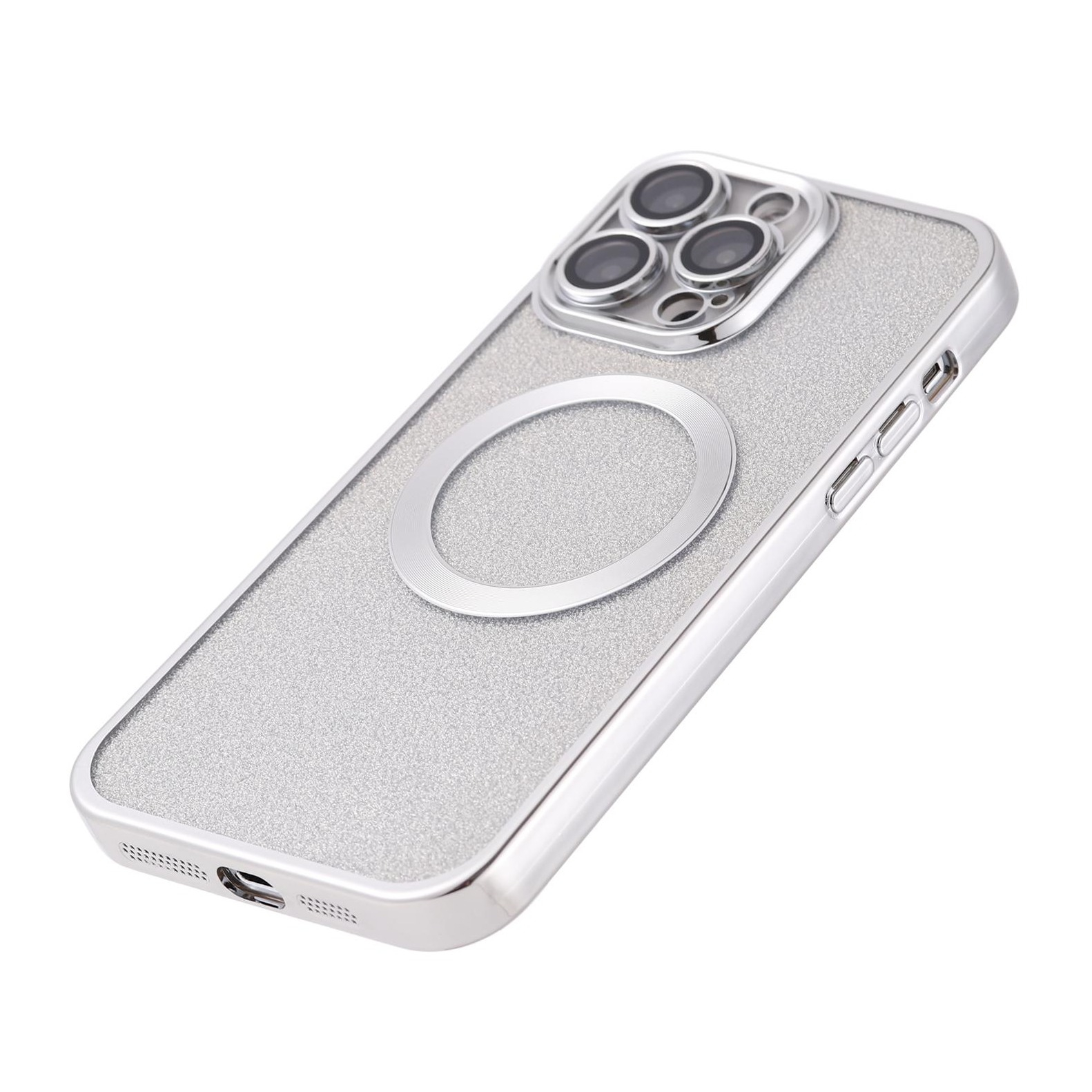 iPhone 13 Pro MagSafe Gummi Case Hülle mit Acryl Kameraglasschutz im Glitzer Design - Silber / Transparent