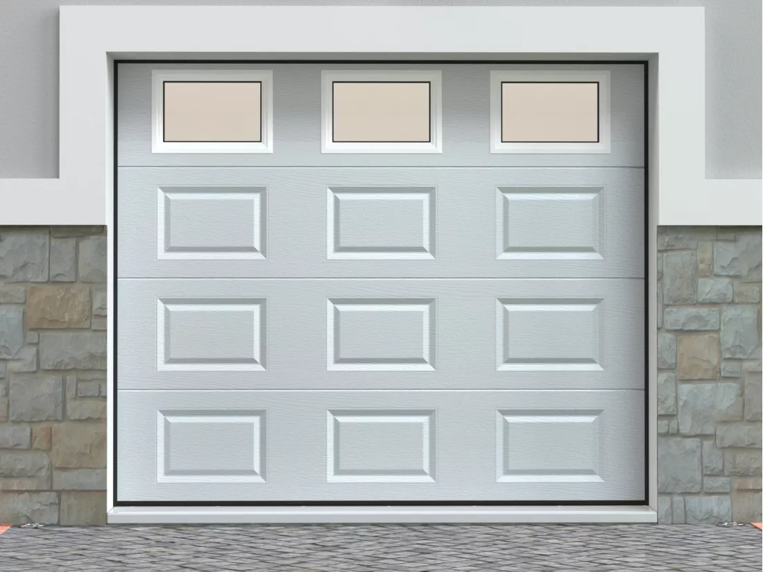 Porte de garage sectionnelle à cassette blanc avec fenêtres motorisée L254 x H218 cm - CAOPAS