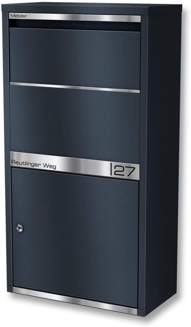 Metzler® Paketbox Avalon 1 Anthrazit, rostfreier und massiver Stahlbriefkasten mit Gravurplatte, kontaktloses Klappensystem, wetterfester XXL Paketkasten 44x82x22 cm, Schloss, außen sicher und modern