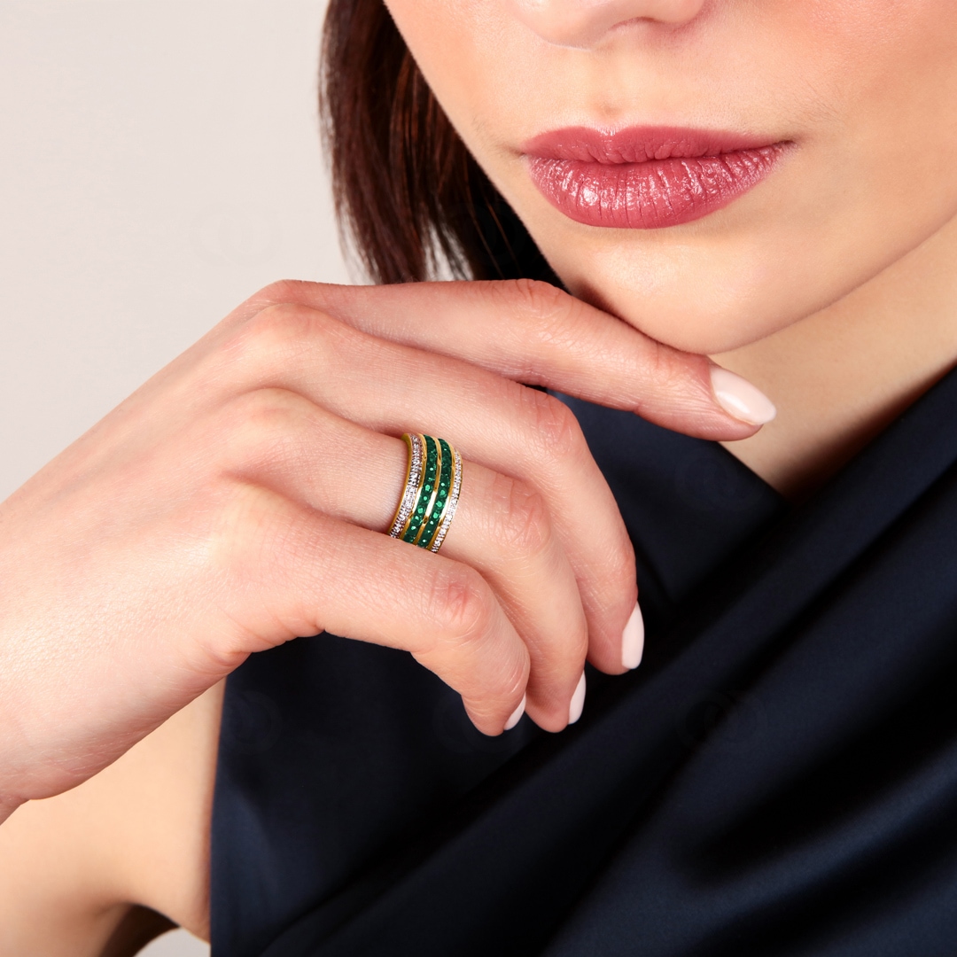 Damenring 750/18 K Gelbgold mit Diamanten 0.08 ct H/Si und Smaragden