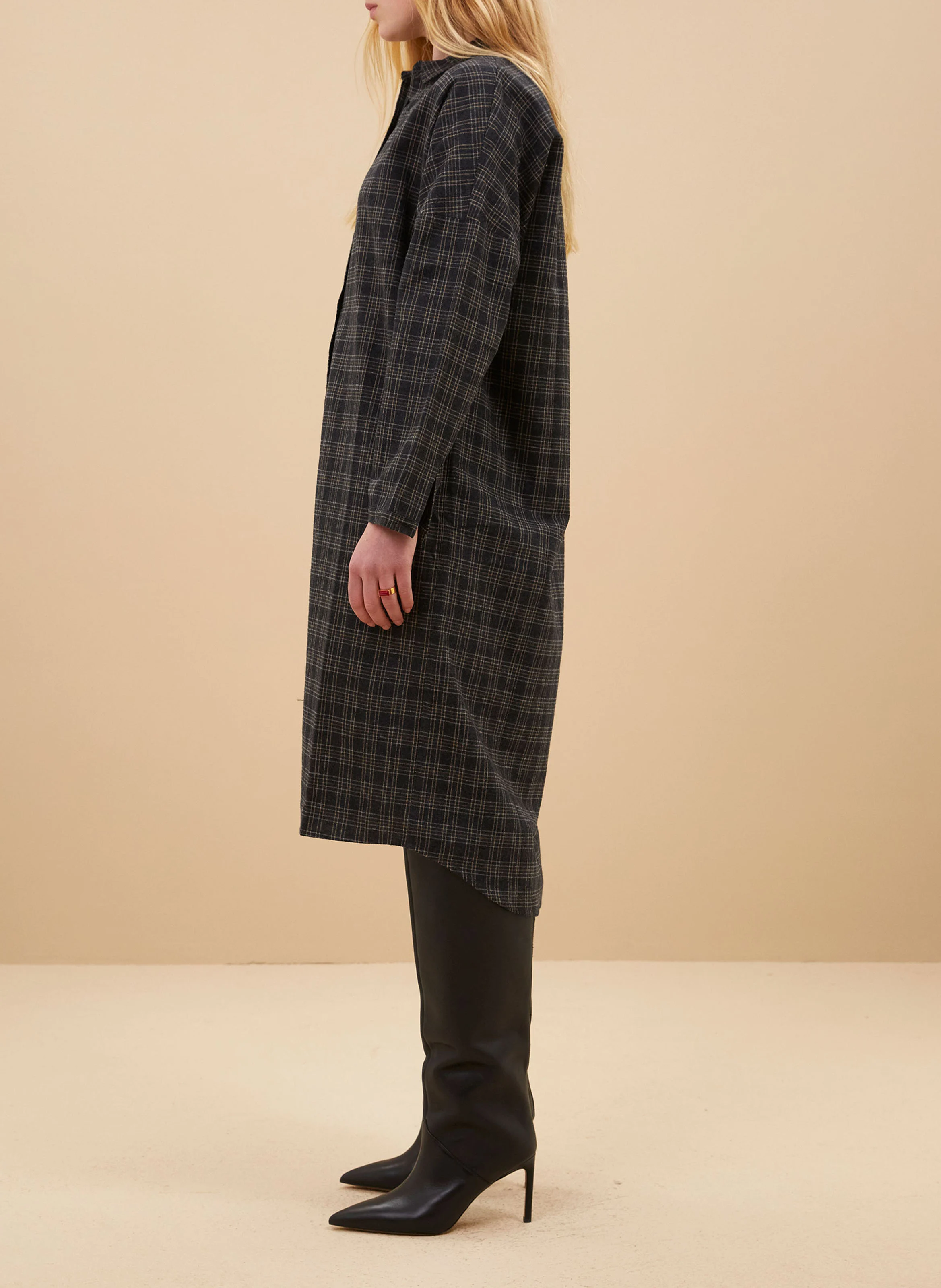 Robe midi col chemise à carreaux | Gris