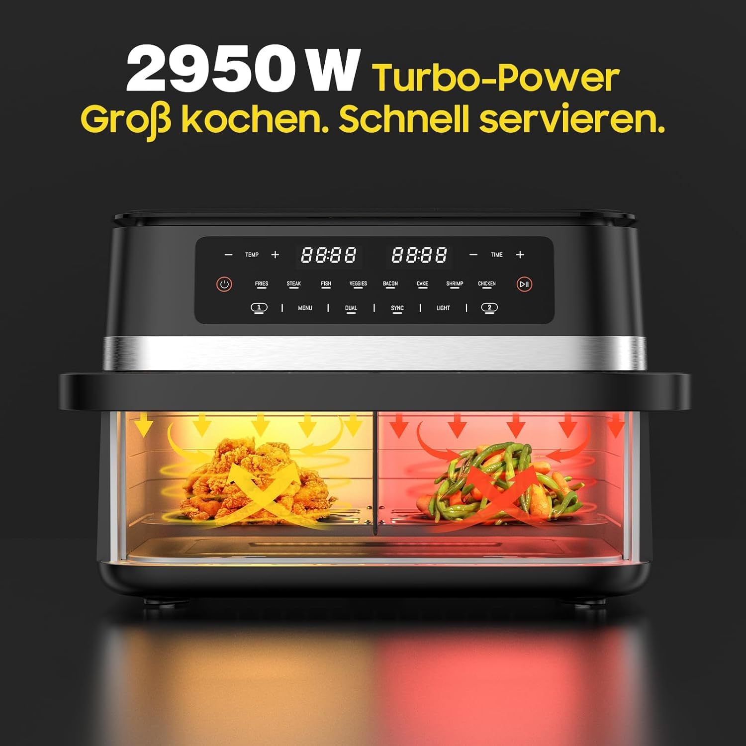 Heißluftfritteuse Dual Zone 11L XXL – Leistungsstarker Air Fryer mit Doppelkammer & herausnehmbarer Trennwand, Heissluftfriteuse ohne Öl, 2950W, Sichtfenster & Touchdisplay, für Familien