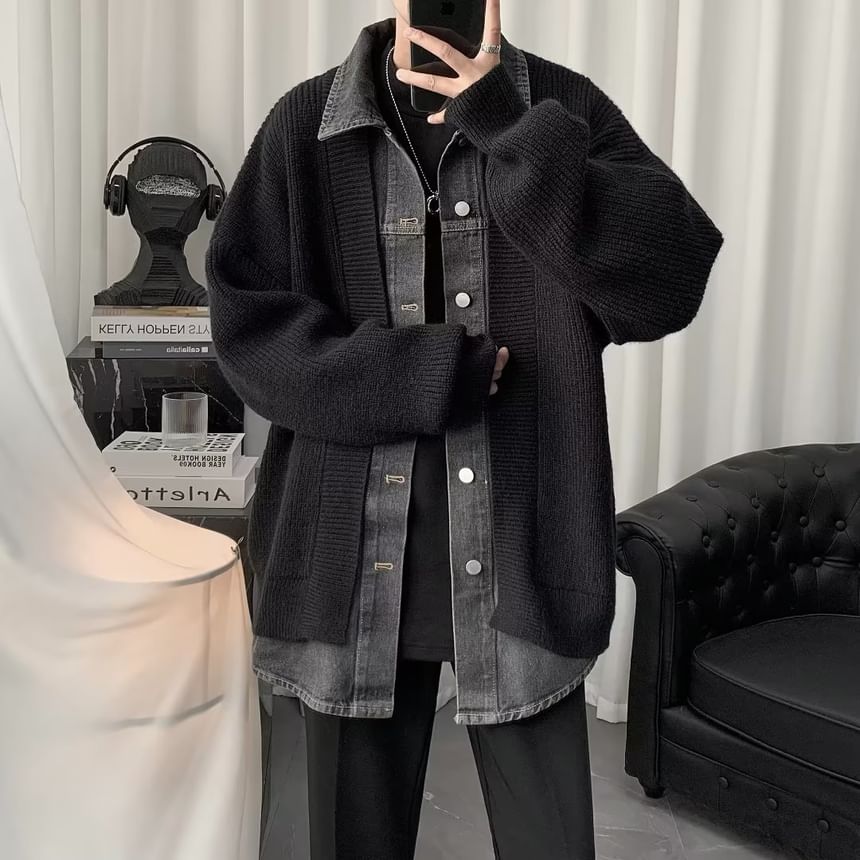 Cowpow - Kraag Tweekleurige Mock Tweedelige Geribbelde Oversized Cardigan