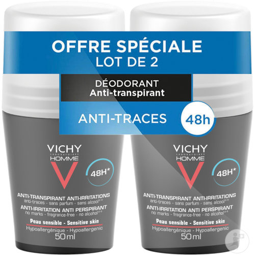Vichy Homme Déodorant Anti-Transpirant 48h Anti-Traces Anti-Irritation Peau Sensible Duopack 2x50ml