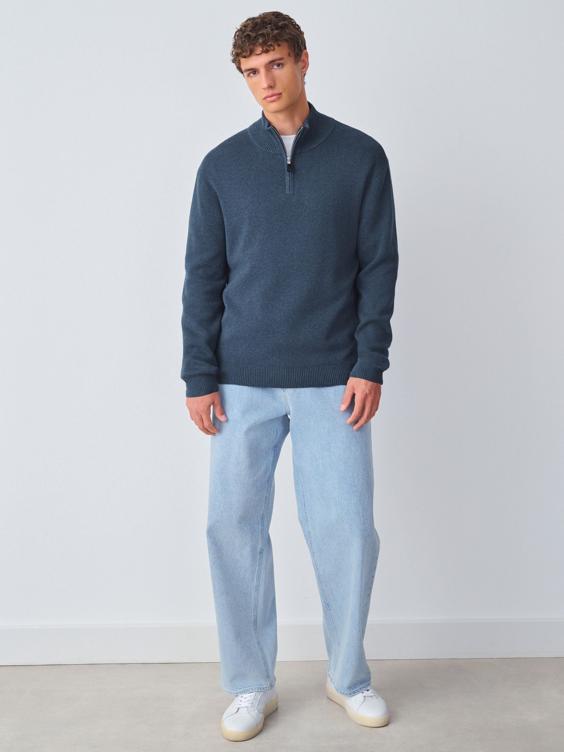 Normaal blauw - Effen - Regular fit 100% katoenen premium trui met korte rits