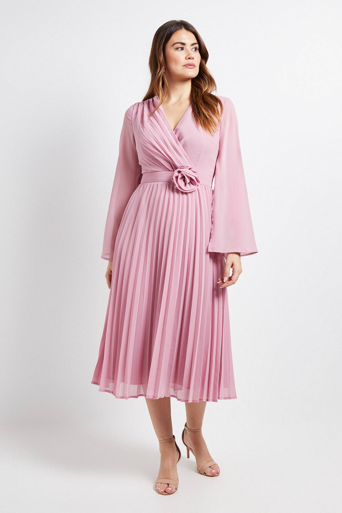 Wallis Robe Midi à Corsage Plissé et Manches Cape
