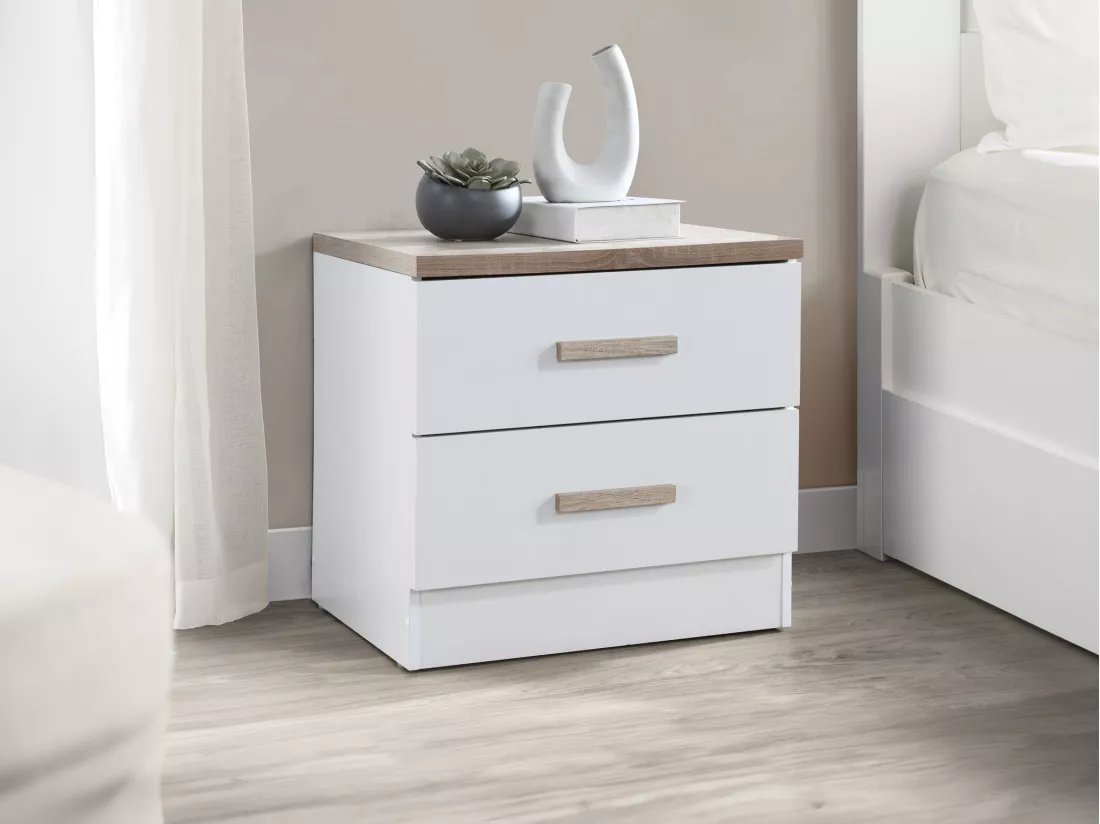 Table de chevet avec 2 tiroirs - Blanc et naturel - SKAIDO