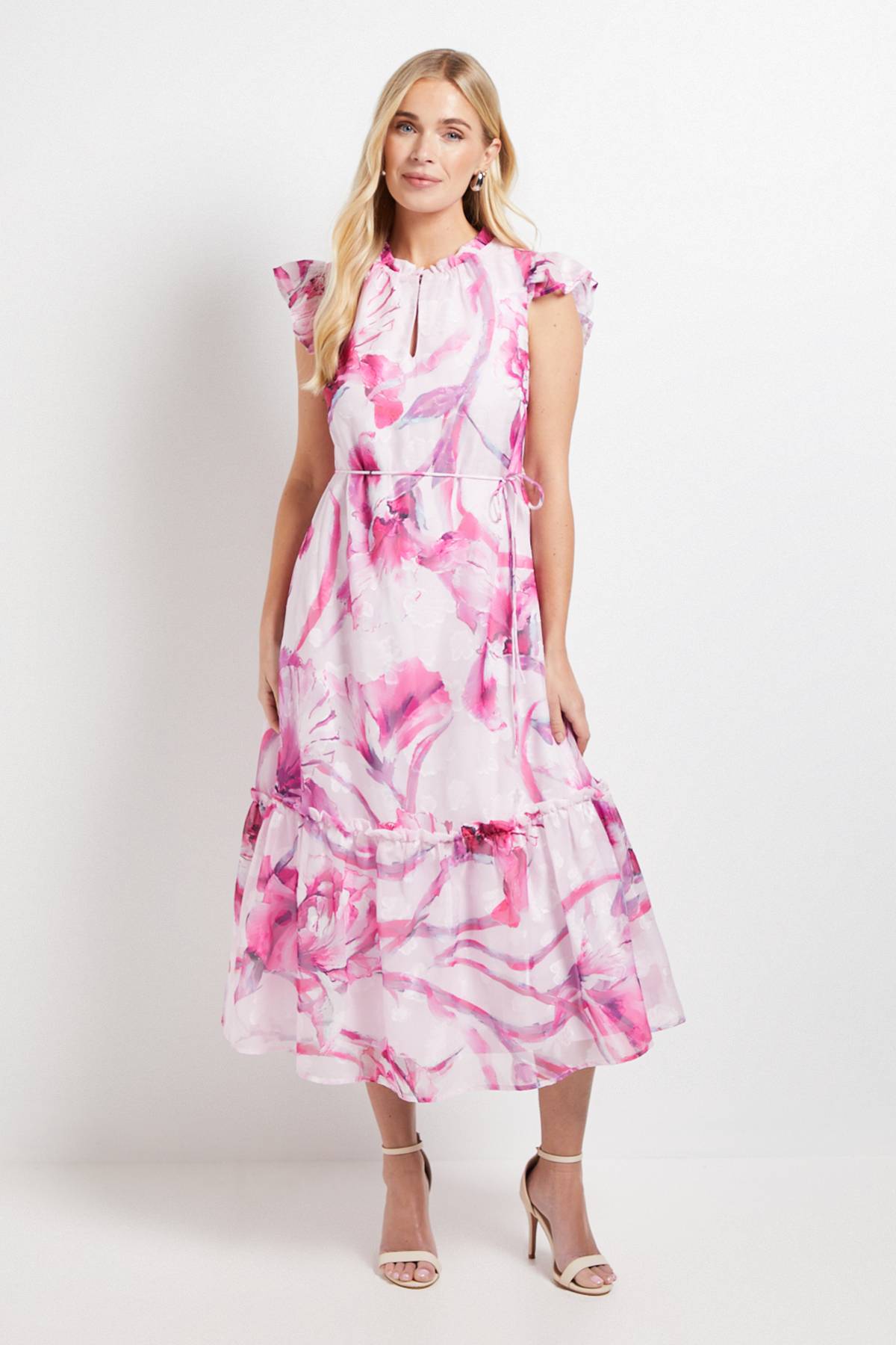 Wallis ROBE MIDI À VOLANTS FLEURIE DÉVORÉE PETITE TAILLE