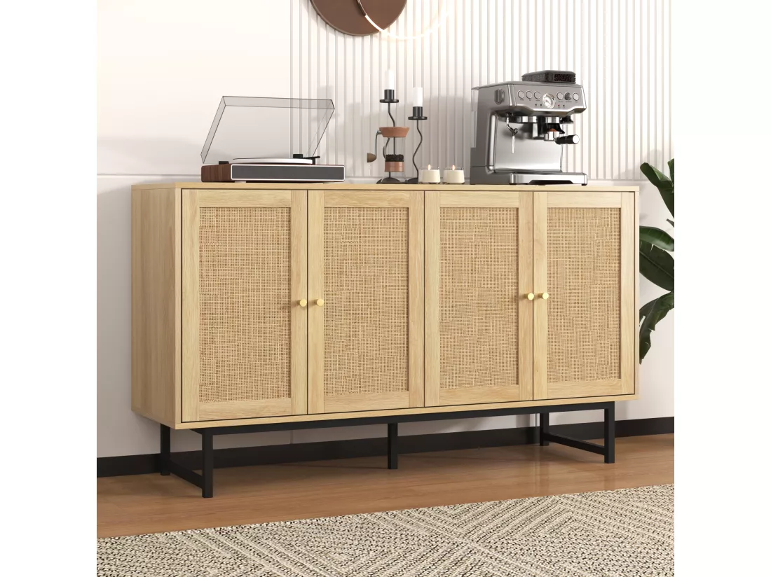 Buffet avec 4 portes en rotin - 140 x 39,5 x 80 cm - Panneau de particules - Coloris bois