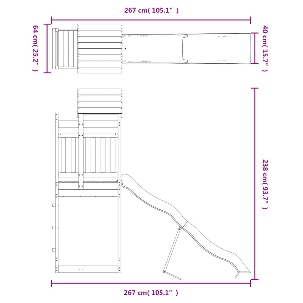 Aire de jeux d'extérieur balançoires toboggan portiques robuste jeux jardin 267 x 64 x 238 cm bois de pin imprégné