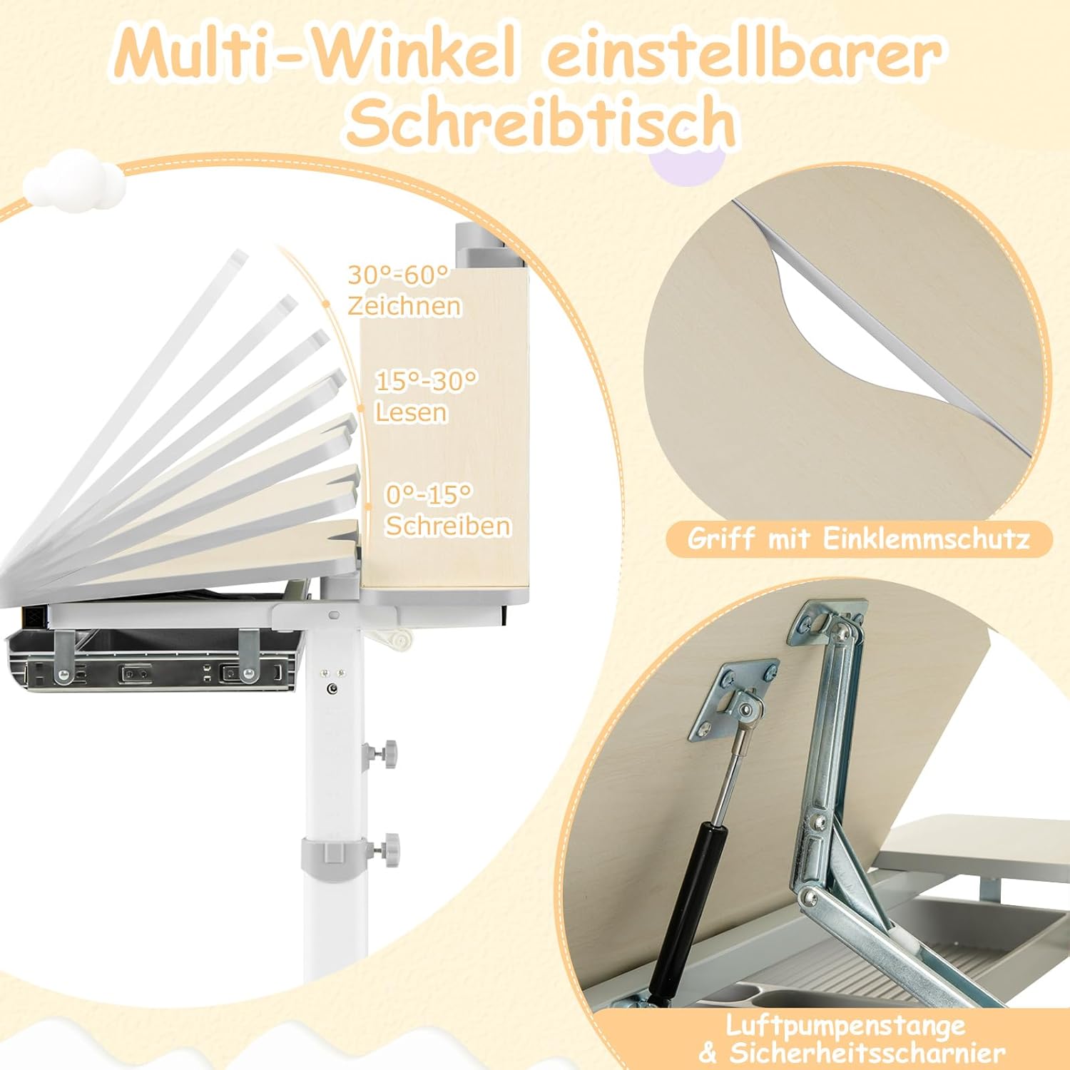 COSTWAY Kinderschreibtisch höhenverstellbar, Schreibtisch Kinder mit neigbarer Tischplatte, Regalen & Schublade, Jugendschreibtisch Schülerschreibtisch für 3-12 Jahre Kinder (Grau)