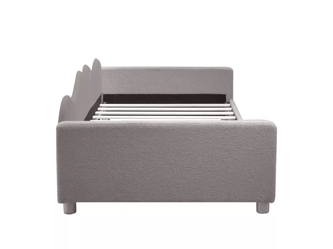 Lit banquette capitonné - 90 x 200 cm - 2 tiroirs - tissu peluche - sommier à lattes - pour enfant ou bébé - gris