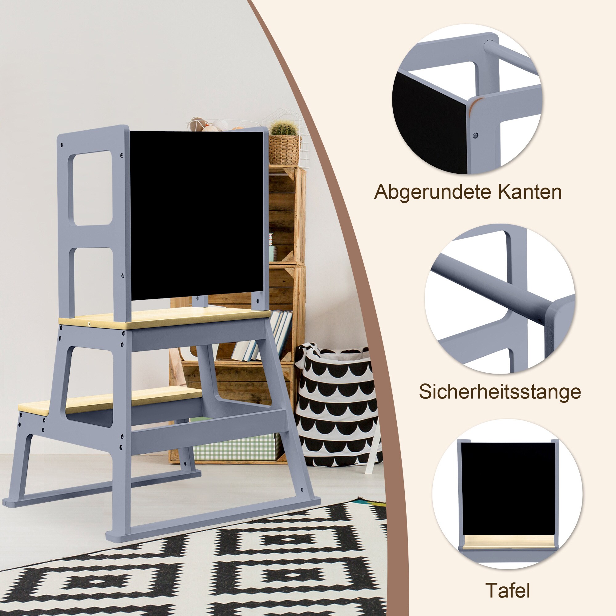 Baby Vivo Lernturm aus Holz - Mit Tafel in Grau