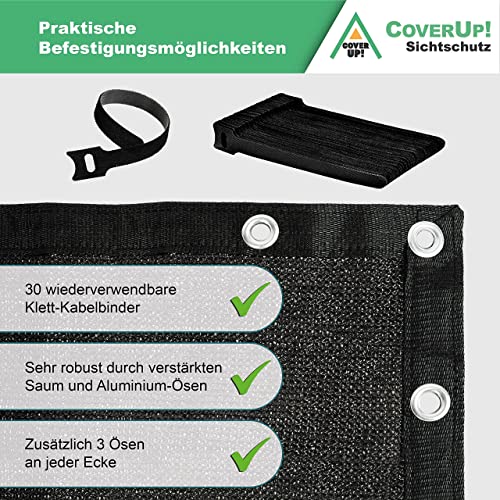 CoverUp! Balkonscherm 0,9 m x 3 m (180 g/m²) – Balkonbekleding, Terrasscherm, Ondoorzichtig – incl. 30 klittenbandkabelbinders – Zwart