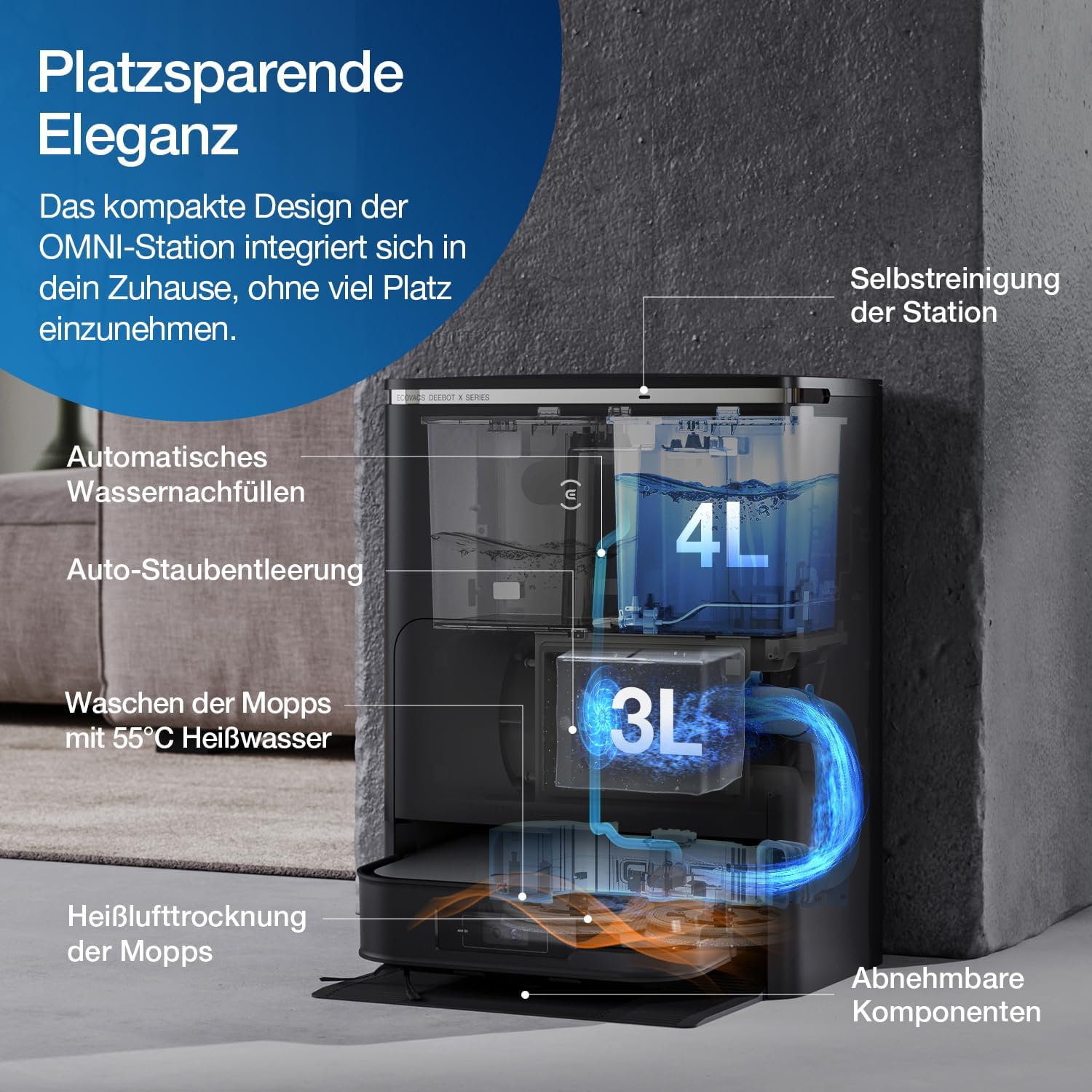 ECOVACS DEEBOT X2 Omni Saugroboter mit Wischfunktion Absaugstation 8000 Pa Saugkraft,15mm Mopp-Hebesystem,Selbstreinigend Roboterstaubsauge,Heißwasser-Moppreinigung,KI-gestützte Navigation, YIKO