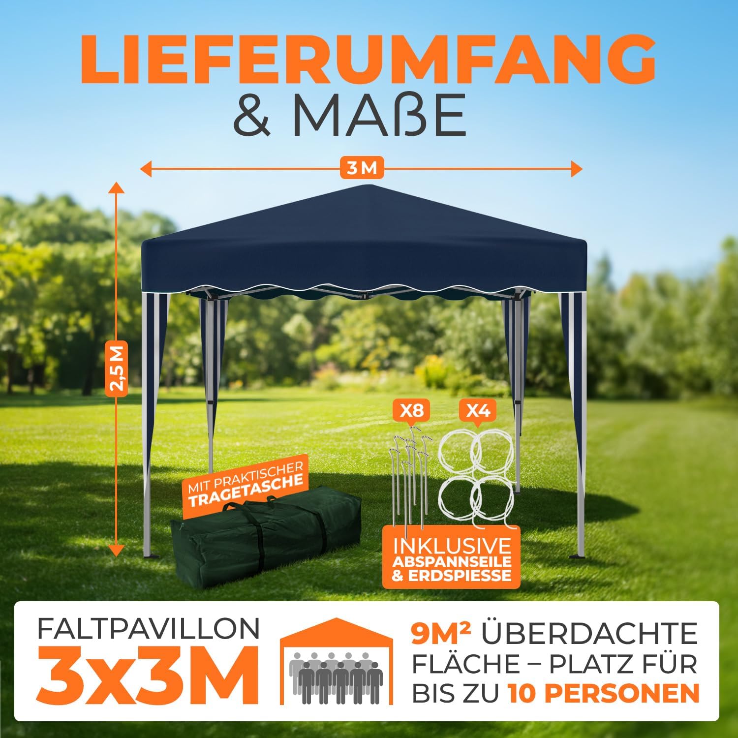 Kronenburg Faltpavillon wasserdicht Dachmaß 3 x 3 m UV Schutz 50+ Pavillon in Blau