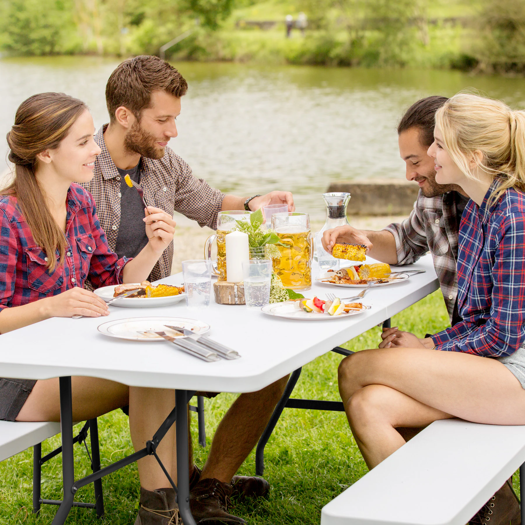 tectake® Campingtischgarnitur , klappbar, hohe Belastbarkeit, mit Tragegriffen