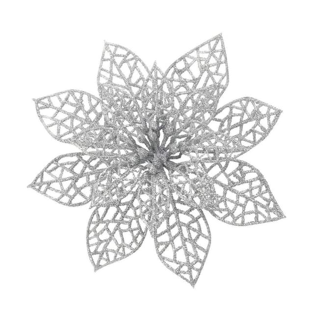 Glitter juleblomster plast sølv 10 dele