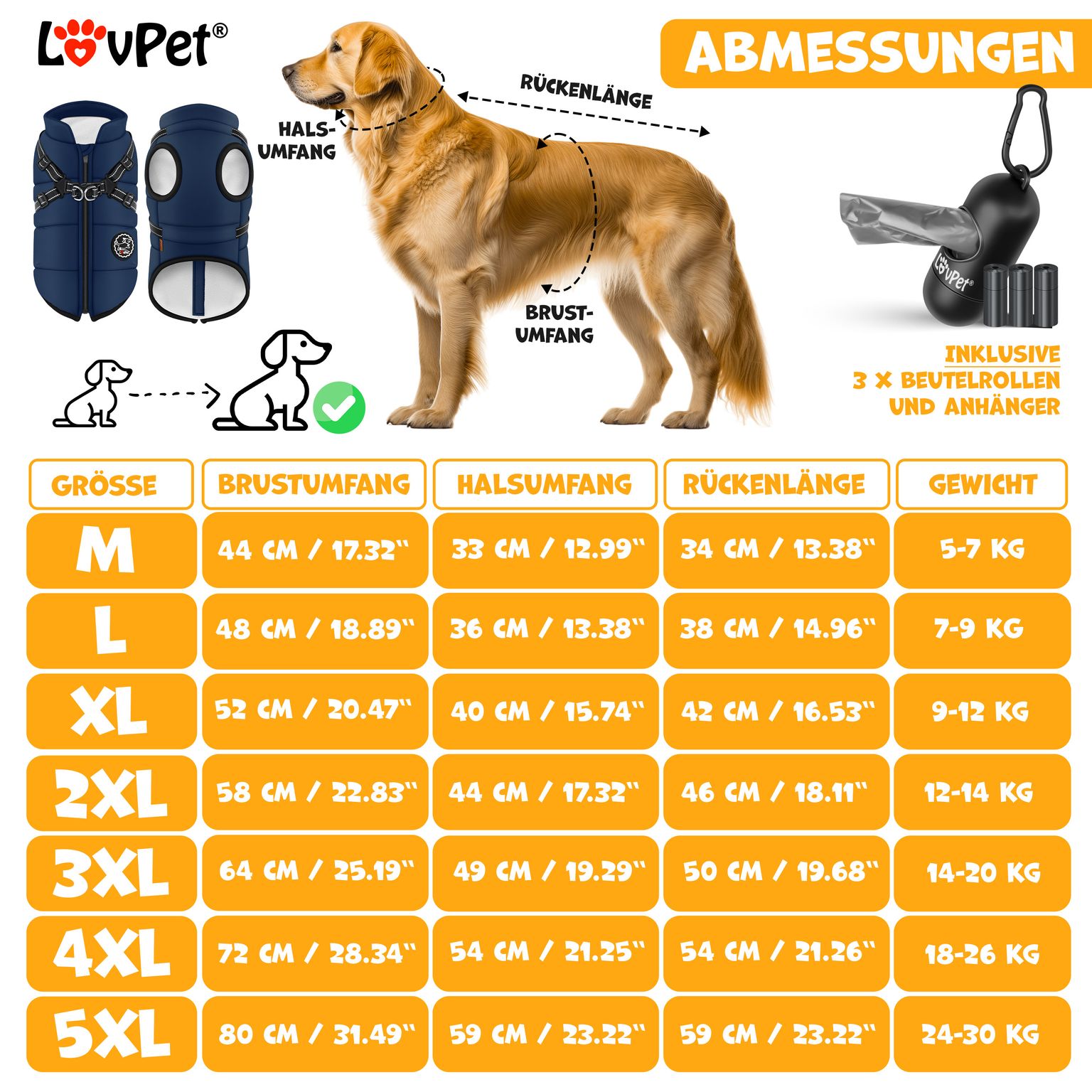 LOVPET® Hundejacke Hundemantel mit Geschirr, inkl. 45 Stück Kotbeutel + Spender, Hunde Winterweste gefüttert wasserdicht, Gepolsterte Weste Mit Brustgurt, Reflektoren, D-Ring